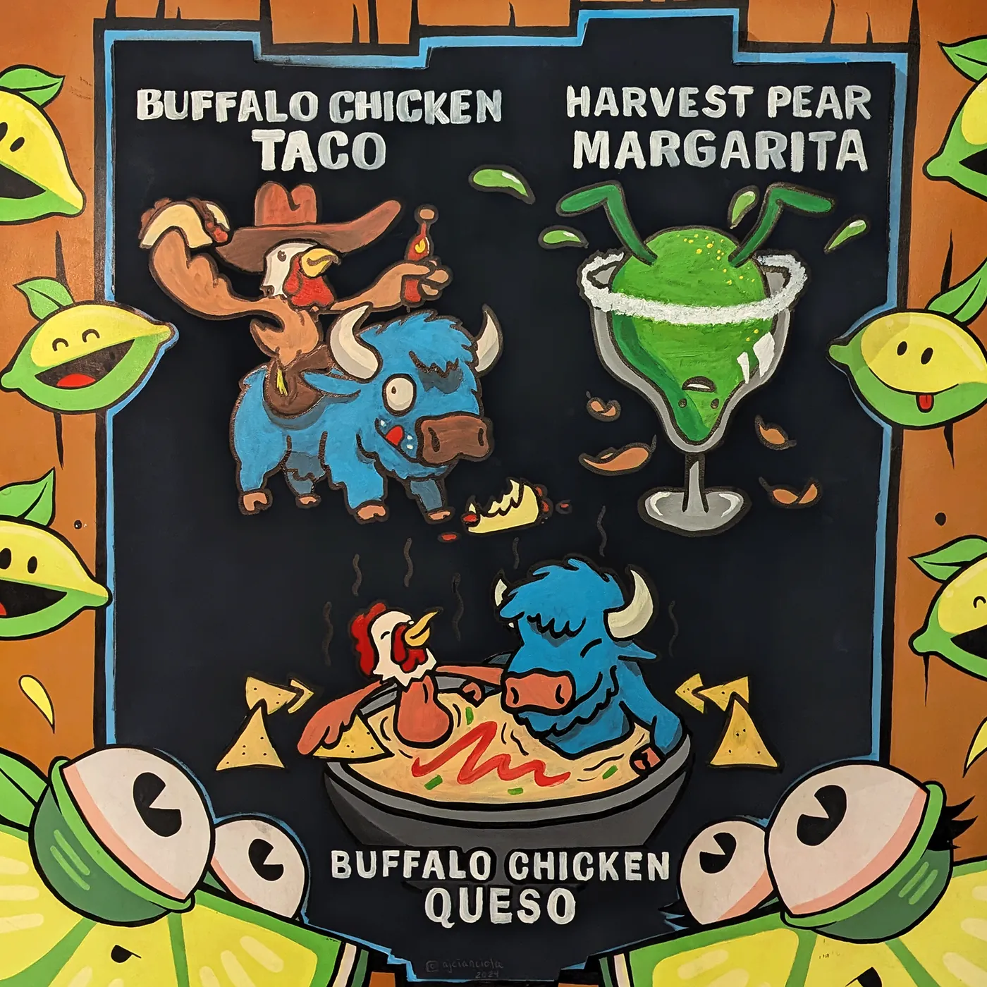 Hand-drawn chalkboard menu with illustrated characters